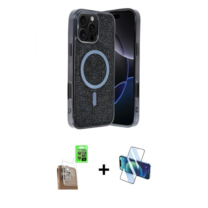 MARSİLYAN™- iPhone 16 Pro Max Kılıf Eksen Çizgi - Siyah 3D Antistatik Seramik Nano Ekran Koruyucu + Raze Metal Kamera Lens - CLTM