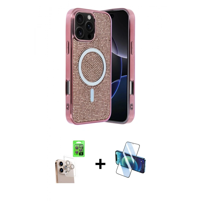 MARSİLYAN™- iPhone 16 Pro Max Kılıf Eksen Çizgi - Siyah 3D Antistatik Seramik Nano Ekran Koruyucu + Natural Grey Raze Metal Kamera Lens
