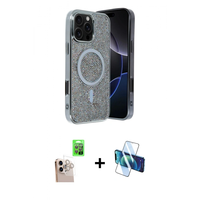 MARSİLYAN™- iPhone 16 Pro Max Kılıf Eksen Çizgi - Siyah 3D Antistatik Seramik Nano Ekran Koruyucu + Natural Grey Raze Metal Kamera Lens