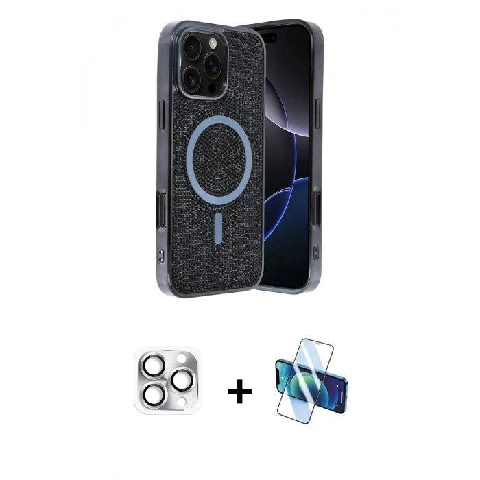 MARSİLYAN™- iPhone 16 Pro Max Kılıf Eksen Çizgi - Siyah 3D Antistatik Seramik Nano Ekran Koruyucu + Pers Alüminyum Kamera Lens - GS