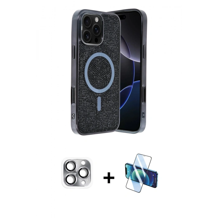 MARSİLYAN™- iPhone 16 Pro Max Kılıf Eksen Çizgi - Siyah 3D Antistatik Seramik Nano Ekran Koruyucu + Pers Alüminyum Kamera Lens - GI