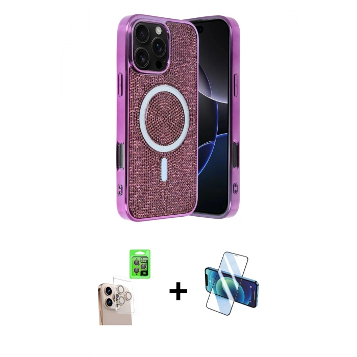 MARSİLYAN™- iPhone 16 Pro Max Kılıf Eksen Çizgi - Siyah 3D Antistatik Seramik Nano Ekran Koruyucu + Raze Metal Kamera Lens - NLGY