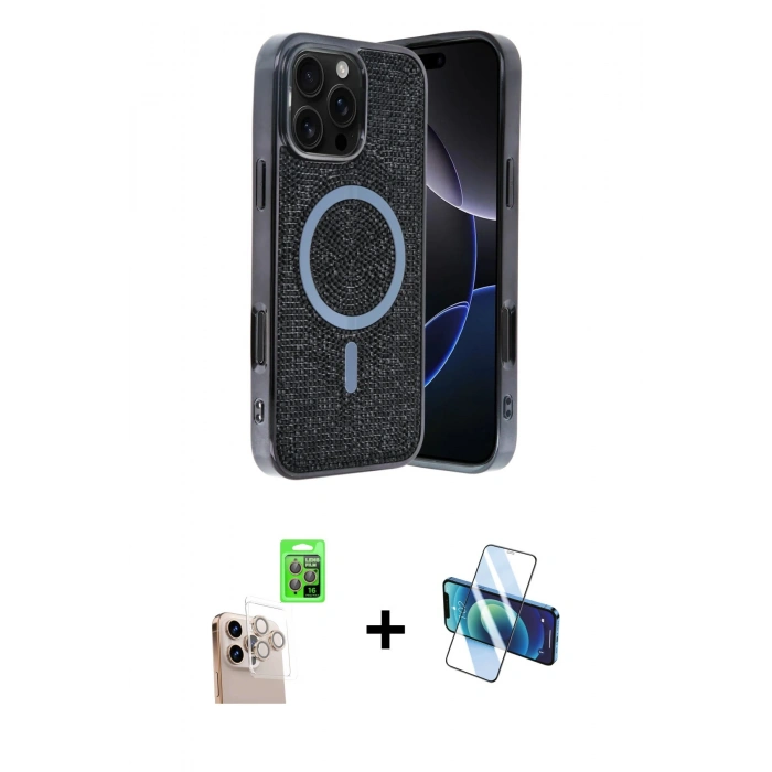 MARSİLYAN™- iPhone 16 Pro Max Kılıf Eksen Çizgi - Siyah 3D Antistatik Seramik Nano Ekran Koruyucu + Raze Metal Kamera Lens - NLGY