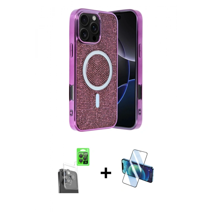 MARSİLYAN™- iPhone 16 Pro Max Kılıf Eksen Çizgi - Siyah 3D Antistatik Seramik Nano Ekran Koruyucu + Raze Metal Kamera Lens - SH