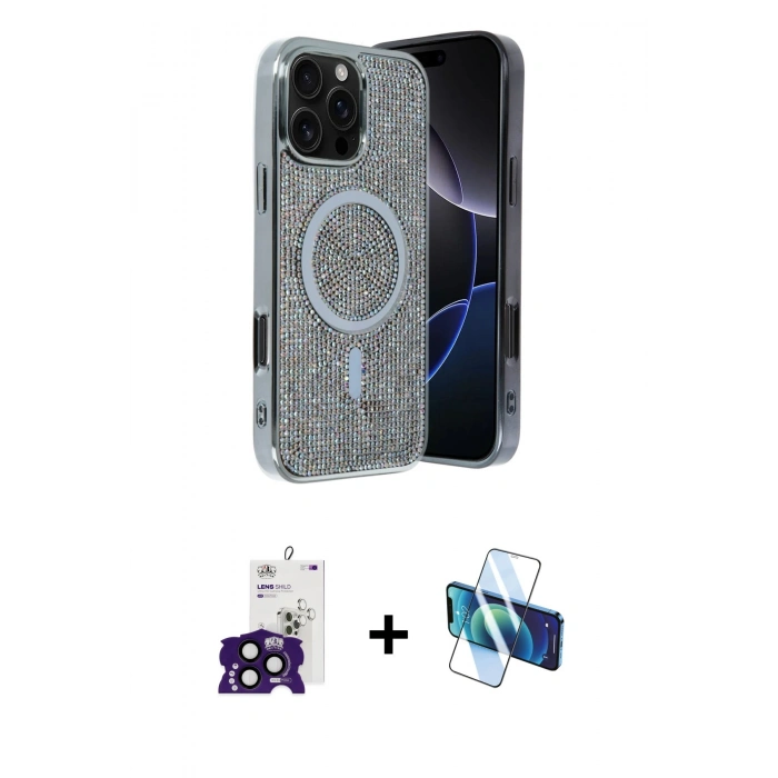 MARSİLYAN™- iPhone 16 Pro Max Kılıf Eksen Çizgi - Siyah 3D Antistatik Seramik Nano Ekran Koruyucu + Siyah Bilvis Titan Kamera Lens