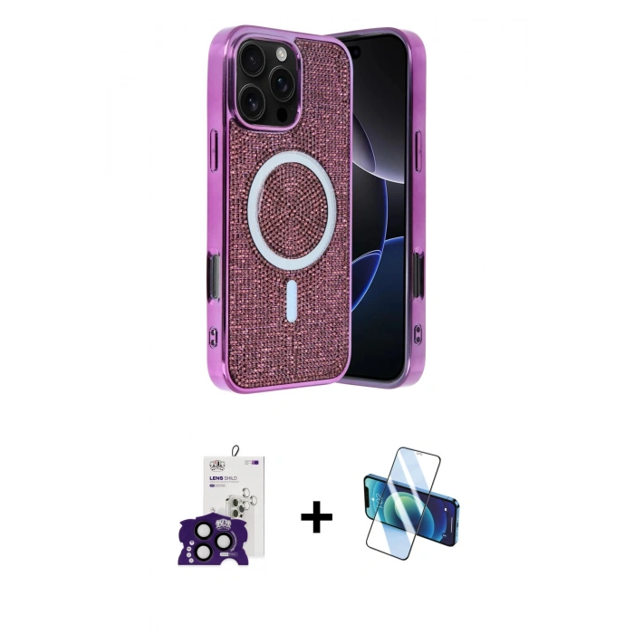 MARSİLYAN™- iPhone 16 Pro Max Kılıf Eksen Çizgi - Siyah 3D Antistatik Seramik Nano Ekran Koruyucu + Siyah Bilvis Titan Kamera Lens
