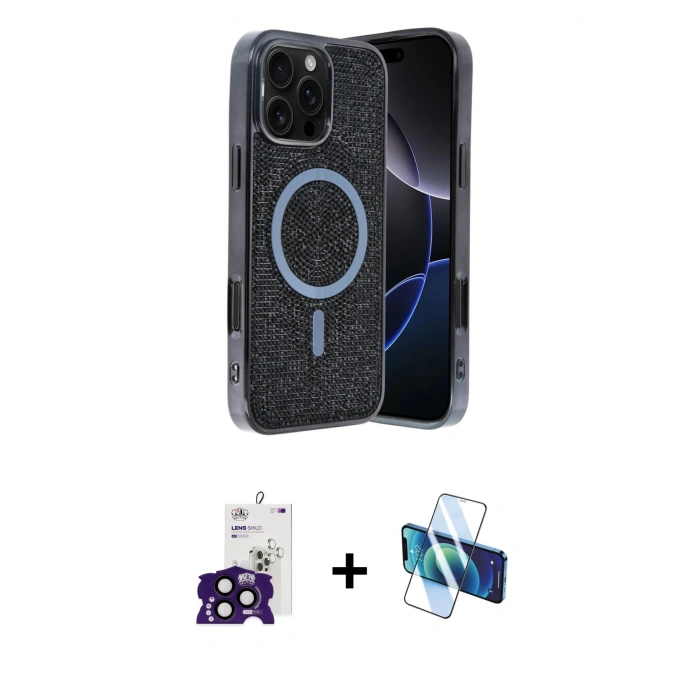 MARSİLYAN™- iPhone 16 Pro Max Kılıf Eksen Çizgi - Siyah 3D Antistatik Seramik Nano Ekran Koruyucu + Siyah Bilvis Titan Kamera Lens