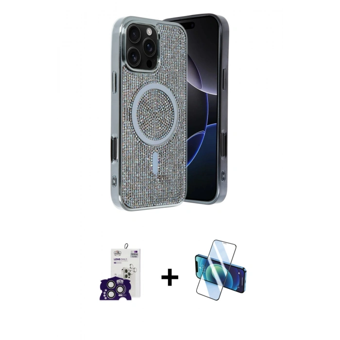 MARSİLYAN™- iPhone 16 Pro Max Kılıf Eksen Çizgi - Siyah 3D Antistatik Seramik Nano Ekran Koruyucu + Titanyum Gri Bilvis Titan Kamera Lens