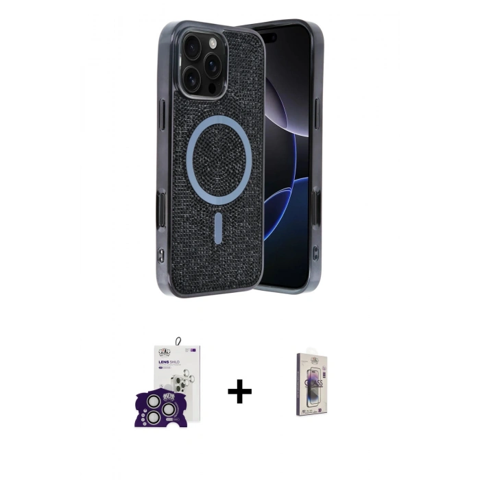 MARSİLYAN™- iPhone 16 Pro Max Kılıf Eksen Çizgi - Siyah Bilvis 3D Cam Ekran Koruyucu + Bilvis Titan Kamera Lens - GS