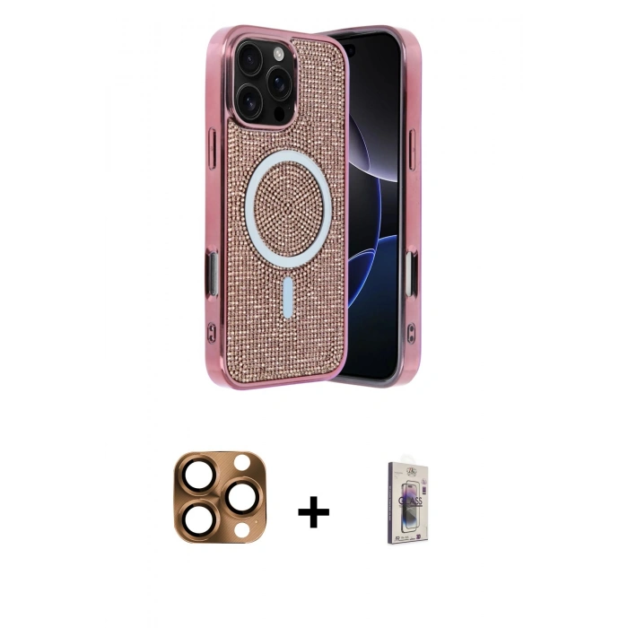 MARSİLYAN™- iPhone 16 Pro Max Kılıf Eksen Çizgi - Siyah Bilvis 3D Cam Ekran Koruyucu + Pers Alüminyum Kamera Lens - CLTM