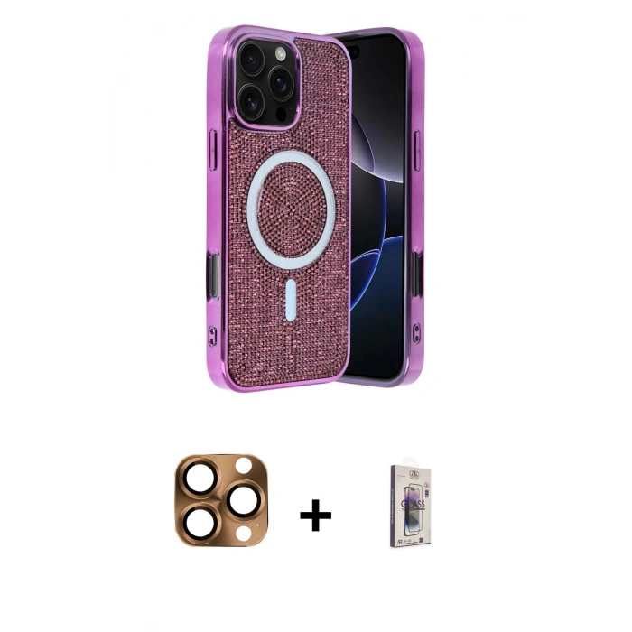 MARSİLYAN™- iPhone 16 Pro Max Kılıf Eksen Çizgi - Siyah Bilvis 3D Cam Ekran Koruyucu + Pers Alüminyum Kamera Lens - CLTM