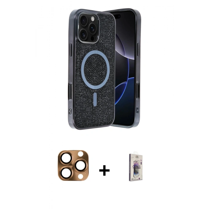 MARSİLYAN™- iPhone 16 Pro Max Kılıf Eksen Çizgi - Siyah Bilvis 3D Cam Ekran Koruyucu + Pers Alüminyum Kamera Lens - CLTM