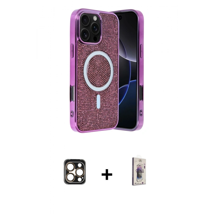 MARSİLYAN™- iPhone 16 Pro Max Kılıf Eksen Çizgi - Siyah Bilvis 3D Cam Ekran Koruyucu + PVD Metal Kamera Lens - GD
