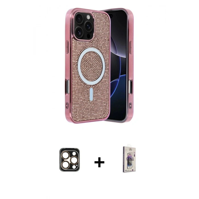 MARSİLYAN™- iPhone 16 Pro Max Kılıf Eksen Çizgi - Siyah Bilvis 3D Cam Ekran Koruyucu + PVD Metal Kamera Lens - GD