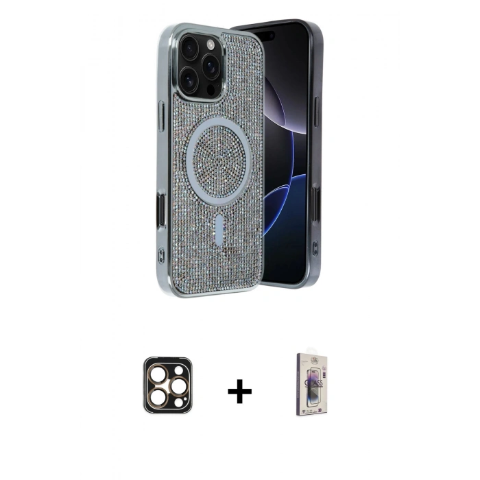 MARSİLYAN™- iPhone 16 Pro Max Kılıf Eksen Çizgi - Siyah Bilvis 3D Cam Ekran Koruyucu + PVD Metal Kamera Lens - GD