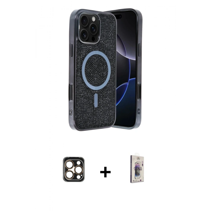 MARSİLYAN™- iPhone 16 Pro Max Kılıf Eksen Çizgi - Siyah Bilvis 3D Cam Ekran Koruyucu + PVD Metal Kamera Lens - GD