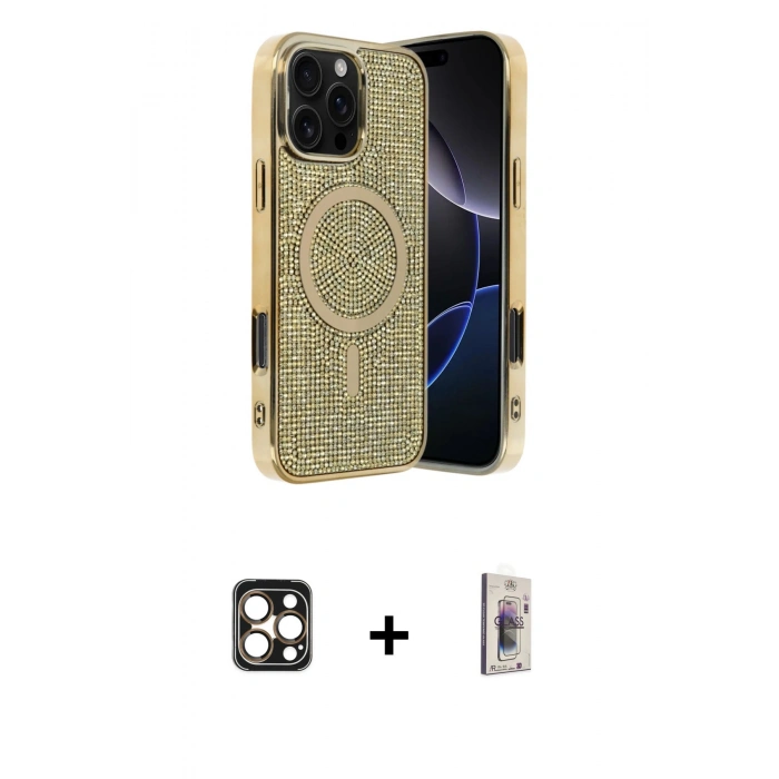 MARSİLYAN™- iPhone 16 Pro Max Kılıf Eksen Çizgi - Siyah Bilvis 3D Cam Ekran Koruyucu + PVD Metal Kamera Lens - GD