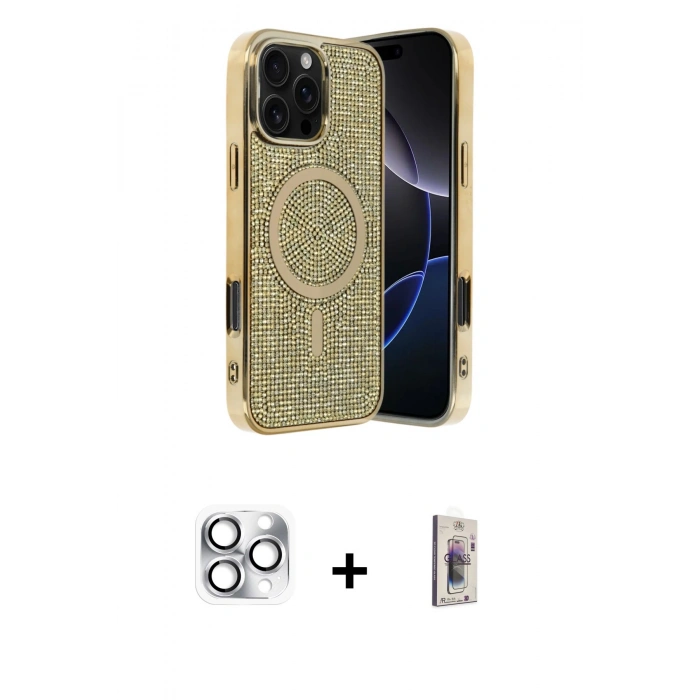 MARSİLYAN™- iPhone 16 Pro Max Kılıf Eksen Çizgi - Siyah Bilvis 3D Cam Ekran Koruyucu + Pers Alüminyum Kamera Lens - GS