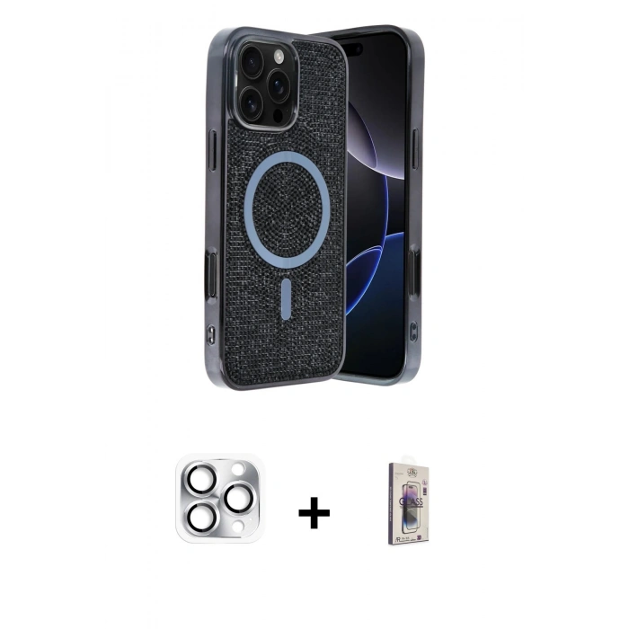 MARSİLYAN™- iPhone 16 Pro Max Kılıf Eksen Çizgi - Siyah Bilvis 3D Cam Ekran Koruyucu + Pers Alüminyum Kamera Lens - GS