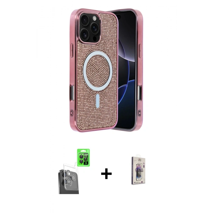 MARSİLYAN™- iPhone 16 Pro Max Kılıf Eksen Çizgi - Siyah Bilvis 3D Cam Ekran Koruyucu + Raze Metal Kamera Lens - SH