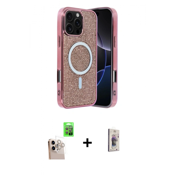 MARSİLYAN™- iPhone 16 Pro Max Kılıf Eksen Çizgi - Siyah Bilvis 3D Cam Ekran Koruyucu + Raze Metal Kamera Lens - NLGY