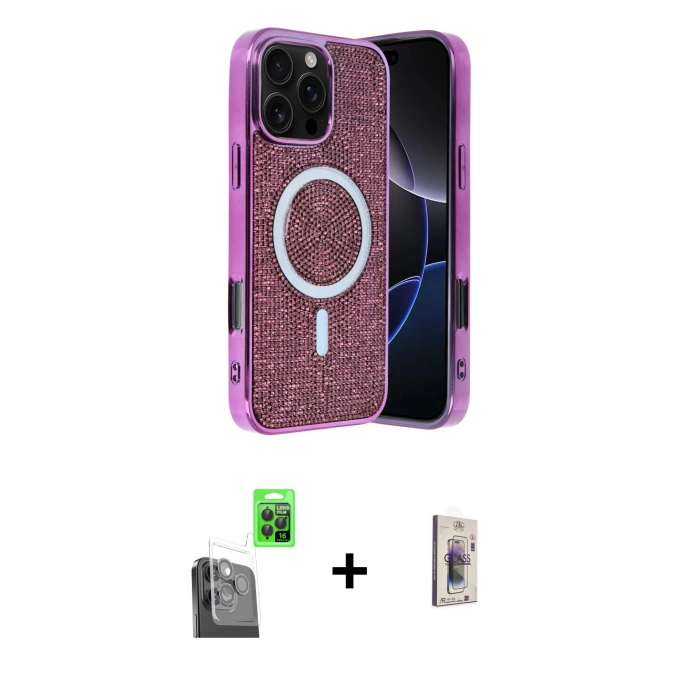 MARSİLYAN™- iPhone 16 Pro Max Kılıf Eksen Çizgi - Siyah Bilvis 3D Cam Ekran Koruyucu + Raze Metal Kamera Lens - SH
