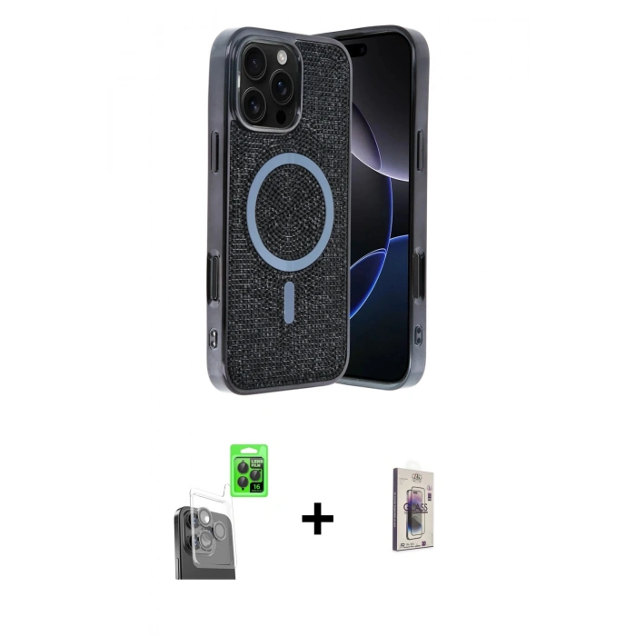 MARSİLYAN™- iPhone 16 Pro Max Kılıf Eksen Çizgi - Siyah Bilvis 3D Cam Ekran Koruyucu + Raze Metal Kamera Lens - SH