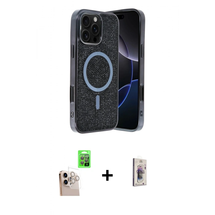 MARSİLYAN™- iPhone 16 Pro Max Kılıf Eksen Çizgi - Siyah Bilvis 3D Cam Ekran Koruyucu + Raze Metal Kamera Lens - NLGY