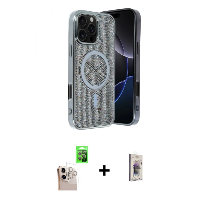 MARSİLYAN™- iPhone 16 Pro Max Kılıf Eksen Çizgi - Siyah Bilvis 3D Cam Ekran Koruyucu + Raze Metal Kamera Lens - NLGY