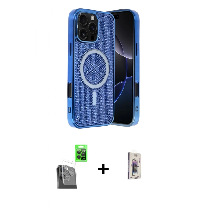 MARSİLYAN™- iPhone 16 Pro Max Kılıf Eksen Çizgi - Siyah Bilvis 3D Cam Ekran Koruyucu + Raze Metal Kamera Lens - SH