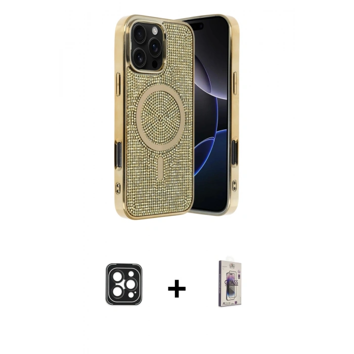 MARSİLYAN™- iPhone 16 Pro Max Kılıf Eksen Çizgi - Siyah Bilvis 3D Cam Ekran Koruyucu + PVD Metal Kamera Lens - SH