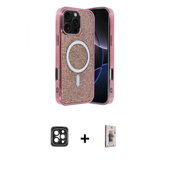 MARSİLYAN™- iPhone 16 Pro Max Kılıf Eksen Çizgi - Siyah Bilvis 3D Cam Ekran Koruyucu + PVD Metal Kamera Lens - SH
