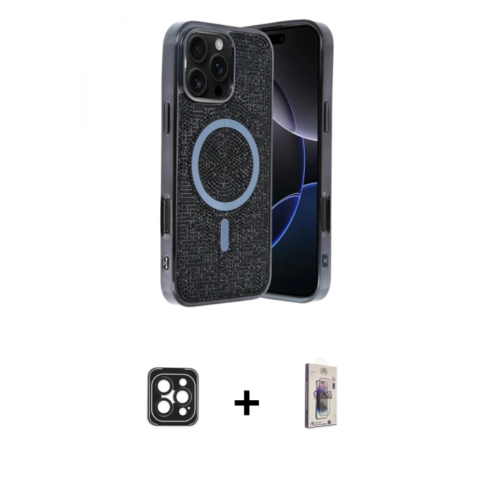MARSİLYAN™- iPhone 16 Pro Max Kılıf Eksen Çizgi - Siyah Bilvis 3D Cam Ekran Koruyucu + PVD Metal Kamera Lens - SH