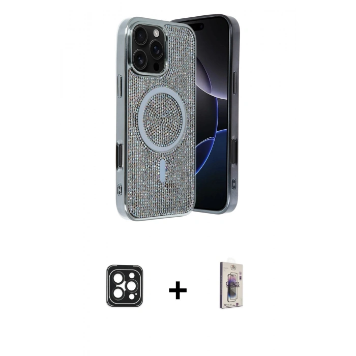 MARSİLYAN™- iPhone 16 Pro Max Kılıf Eksen Çizgi - Siyah Bilvis 3D Cam Ekran Koruyucu + PVD Metal Kamera Lens - SH