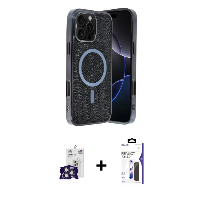 MARSİLYAN™- iPhone 16 Pro Max Kılıf Eksen Çizgi - Siyah Bilvis 3X AR Hayalet Cam Ekran Koruyucu + Bilvis Titan Kamera Lens - TMGI