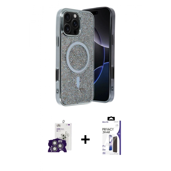 MARSİLYAN™- iPhone 16 Pro Max Kılıf Eksen Çizgi - Siyah Bilvis 3X AR Hayalet Cam Ekran Koruyucu + Bilvis Titan Kamera Lens - GS