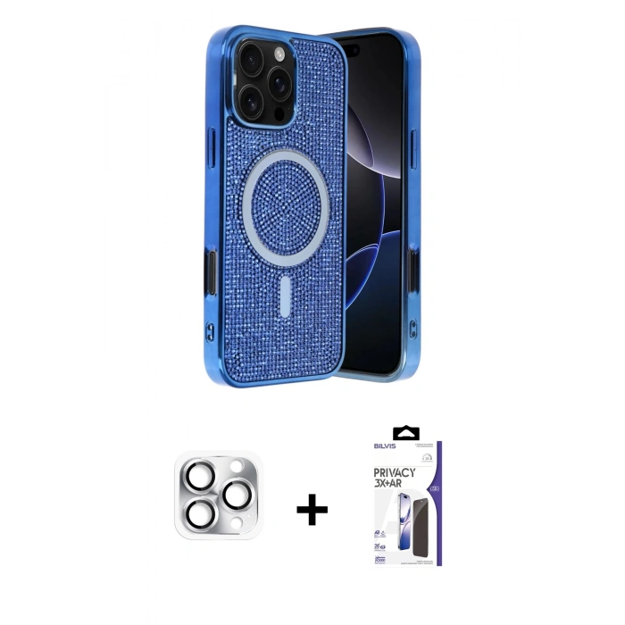 MARSİLYAN™- iPhone 16 Pro Max Kılıf Eksen Çizgi - Siyah Bilvis 3X AR Hayalet Cam Ekran Koruyucu + Pers Alüminyum Kamera Lens - GS