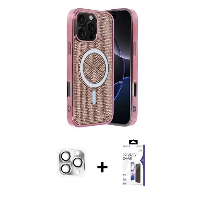 MARSİLYAN™- iPhone 16 Pro Max Kılıf Eksen Çizgi - Siyah Bilvis 3X AR Hayalet Cam Ekran Koruyucu + Pers Alüminyum Kamera Lens - GS