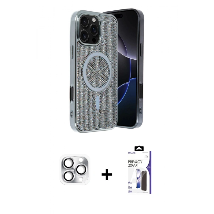 MARSİLYAN™- iPhone 16 Pro Max Kılıf Eksen Çizgi - Siyah Bilvis 3X AR Hayalet Cam Ekran Koruyucu + Pers Alüminyum Kamera Lens - GS