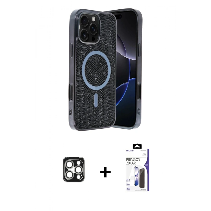 MARSİLYAN™- iPhone 16 Pro Max Kılıf Eksen Çizgi - Siyah Bilvis 3X AR Hayalet Cam Ekran Koruyucu + PVD Metal Kamera Lens - GS