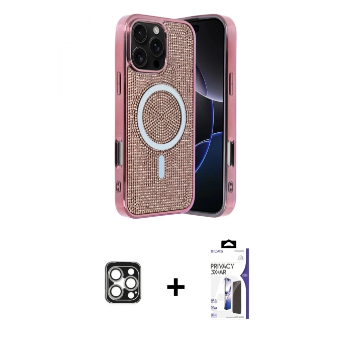 MARSİLYAN™- iPhone 16 Pro Max Kılıf Eksen Çizgi - Siyah Bilvis 3X AR Hayalet Cam Ekran Koruyucu + PVD Metal Kamera Lens - GS