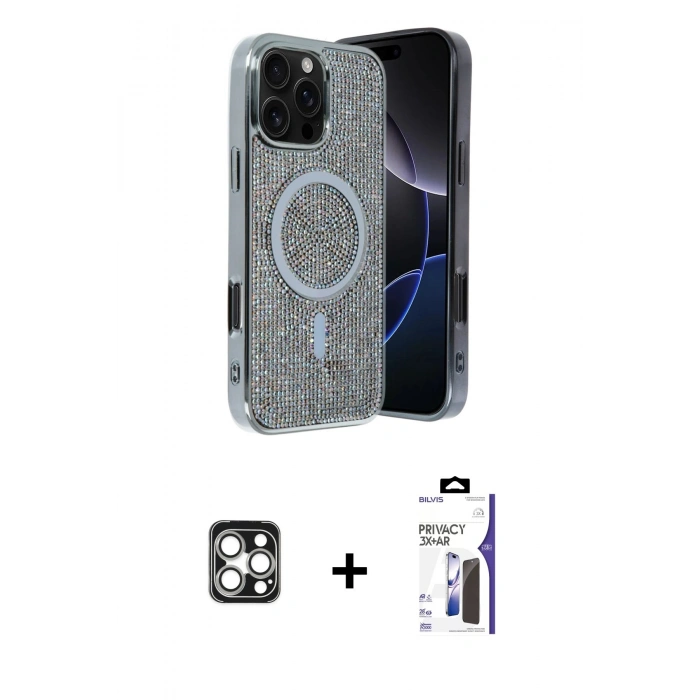 MARSİLYAN™- iPhone 16 Pro Max Kılıf Eksen Çizgi - Siyah Bilvis 3X AR Hayalet Cam Ekran Koruyucu + PVD Metal Kamera Lens - GS