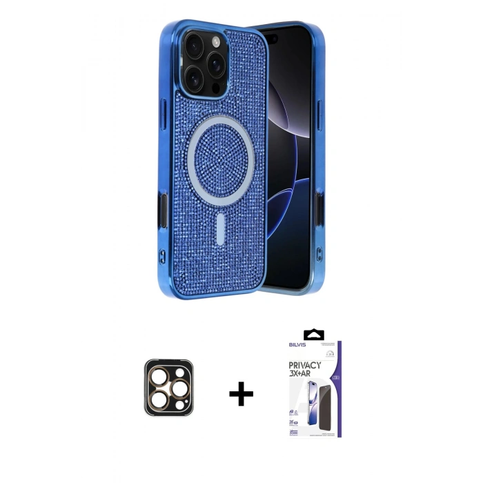 MARSİLYAN™- iPhone 16 Pro Max Kılıf Eksen Çizgi - Siyah Bilvis 3X AR Hayalet Cam Ekran Koruyucu + PVD Metal Kamera Lens - GD