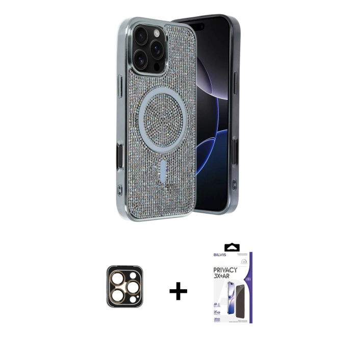 MARSİLYAN™- iPhone 16 Pro Max Kılıf Eksen Çizgi - Siyah Bilvis 3X AR Hayalet Cam Ekran Koruyucu + PVD Metal Kamera Lens - GD