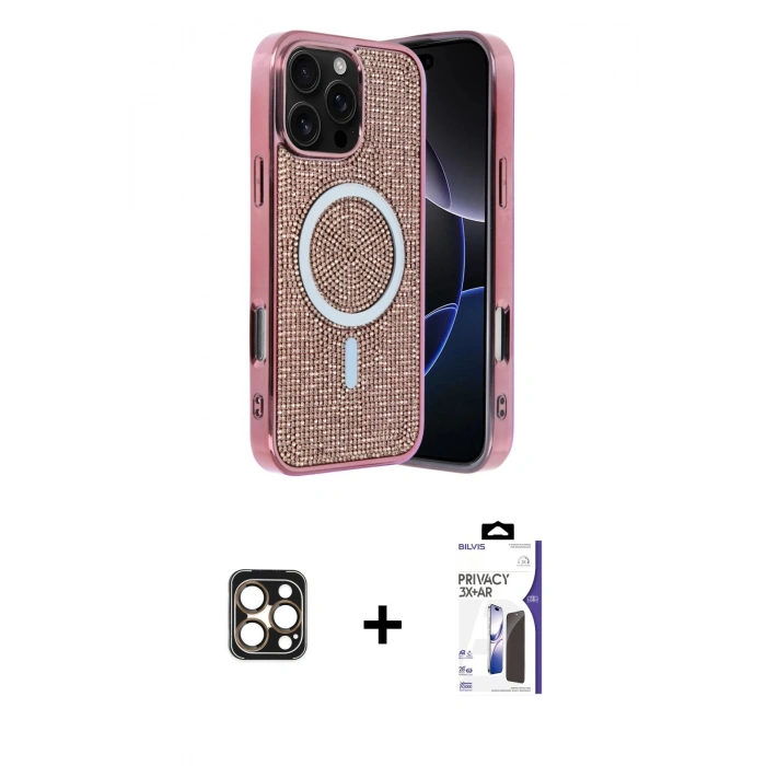 MARSİLYAN™- iPhone 16 Pro Max Kılıf Eksen Çizgi - Siyah Bilvis 3X AR Hayalet Cam Ekran Koruyucu + PVD Metal Kamera Lens - GD