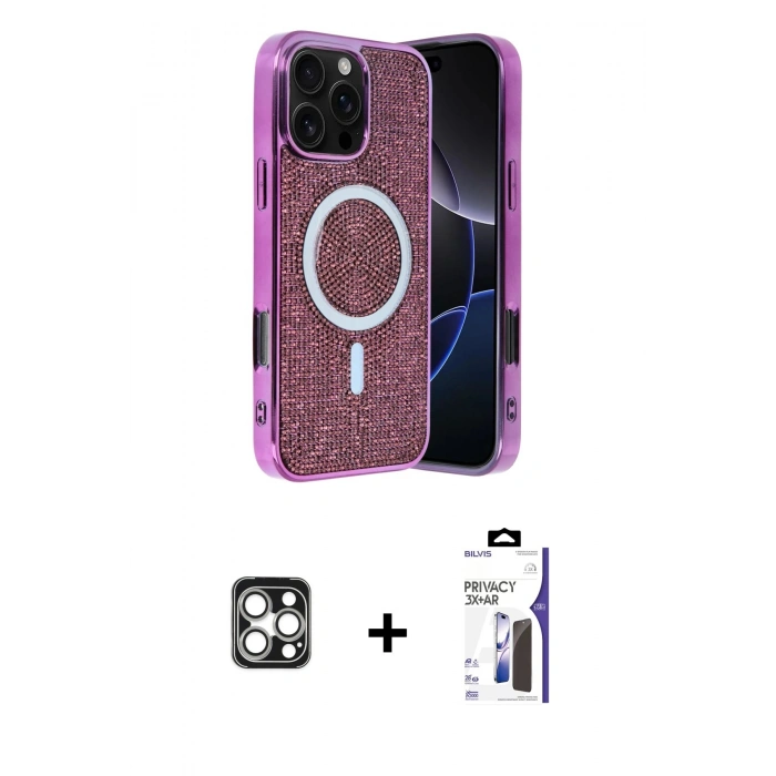 MARSİLYAN™- iPhone 16 Pro Max Kılıf Eksen Çizgi - Siyah Bilvis 3X AR Hayalet Cam Ekran Koruyucu + PVD Metal Kamera Lens - GS