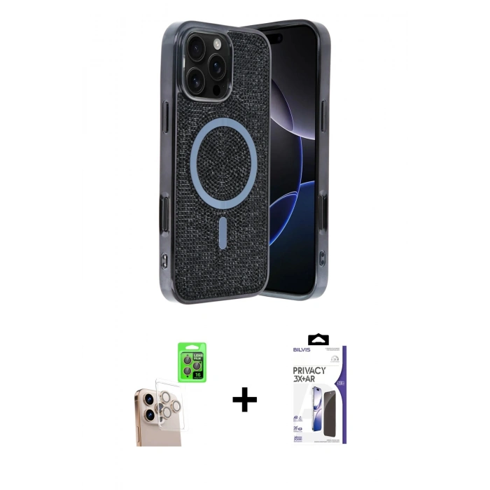 MARSİLYAN™- iPhone 16 Pro Max Kılıf Eksen Çizgi - Siyah Bilvis 3X AR Hayalet Cam Ekran Koruyucu + Raze Metal Kamera Lens - NLGY
