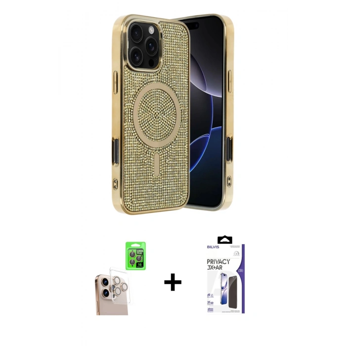 MARSİLYAN™- iPhone 16 Pro Max Kılıf Eksen Çizgi - Siyah Bilvis 3X AR Hayalet Cam Ekran Koruyucu + Raze Metal Kamera Lens - NLGY