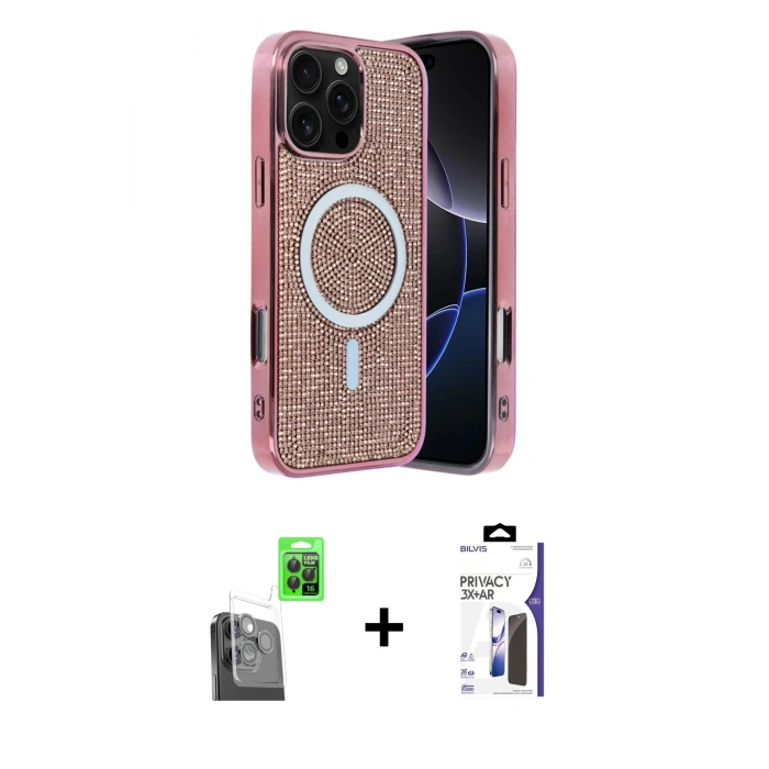 MARSİLYAN™- iPhone 16 Pro Max Kılıf Eksen Çizgi - Siyah Bilvis 3X AR Hayalet Cam Ekran Koruyucu + Raze Metal Kamera Lens - SH
