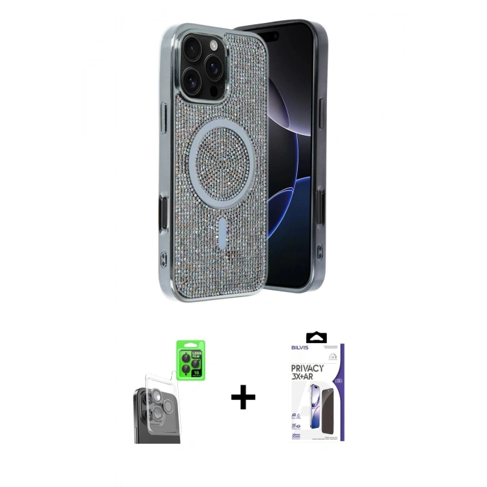 MARSİLYAN™- iPhone 16 Pro Max Kılıf Eksen Çizgi - Siyah Bilvis 3X AR Hayalet Cam Ekran Koruyucu + Raze Metal Kamera Lens - SH